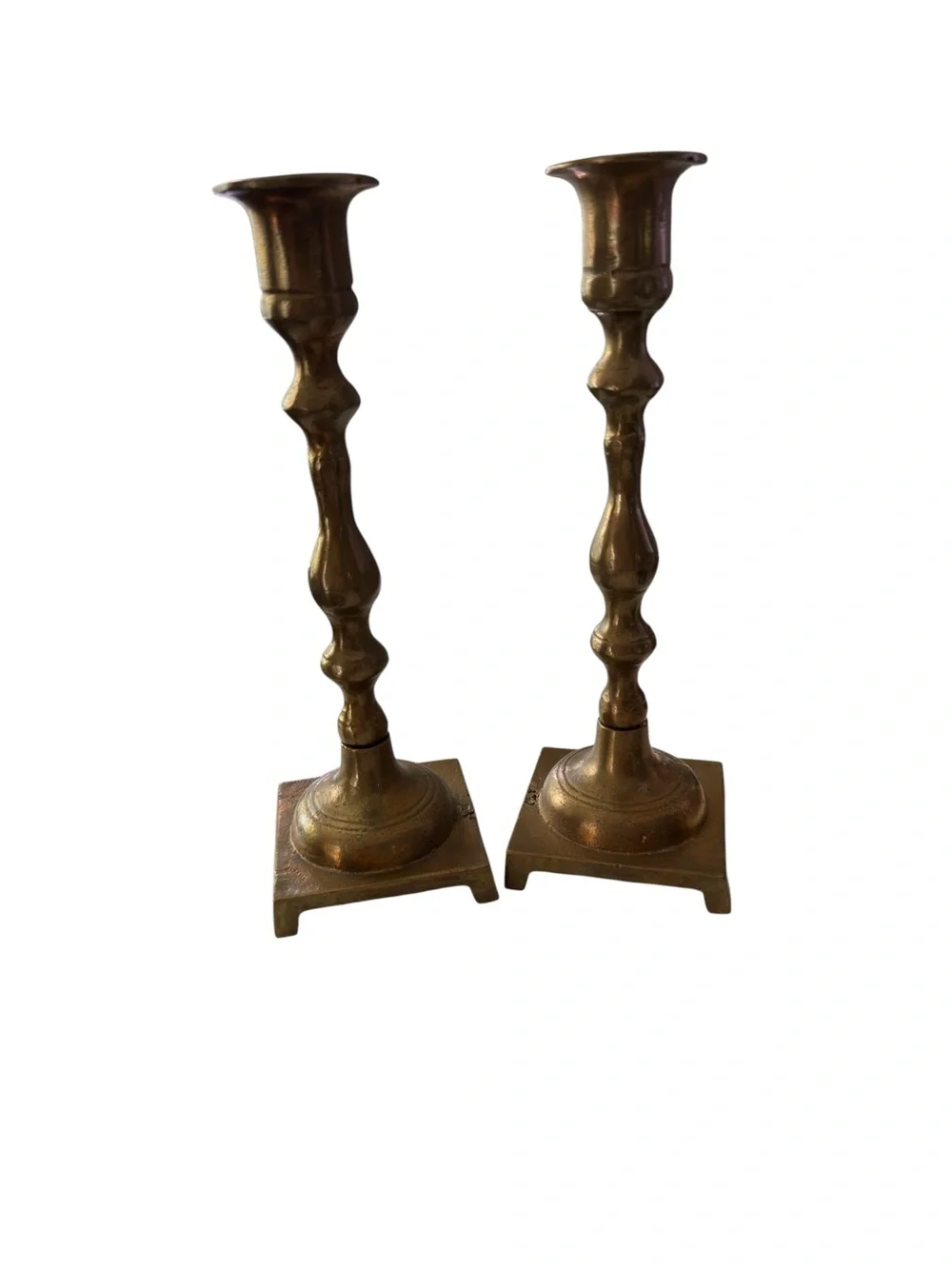 Vintage Turned Brass Candlestick Hokders Stepped Brass Baluster Stems 8 inches